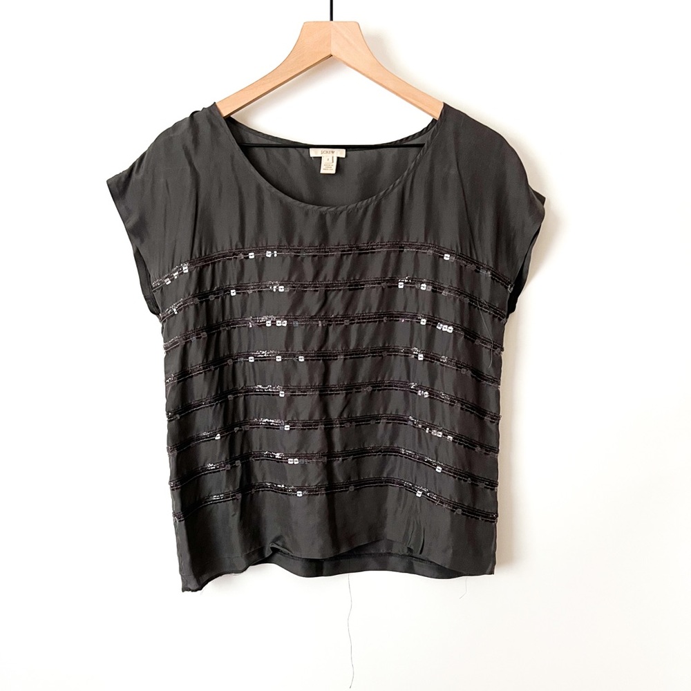J Crew Silk Solid Gray Sequin Stripe Scoop Neck Short Sleeve Casual Blouse Siz 2
